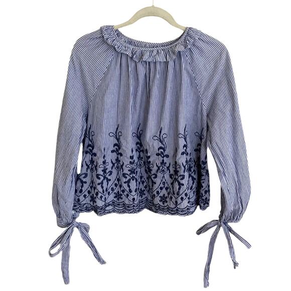 Maison Jules Embroidered Stripe Cotton Blouse, Size Medium - Picture 1 of 5